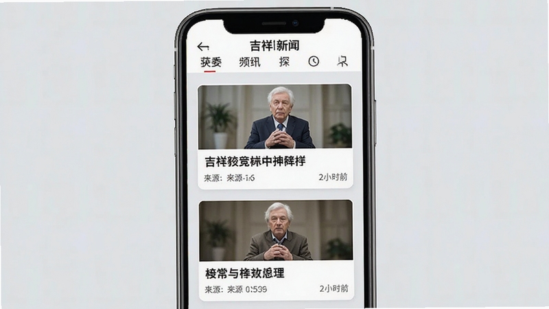 吉祥新闻资讯列表页面,手机屏幕内显示多条新闻卡片,每条卡片包含标题、缩略图、来源与时间标签,顶部有频道导航栏,背景为浅灰色,营造清爽阅读氛围