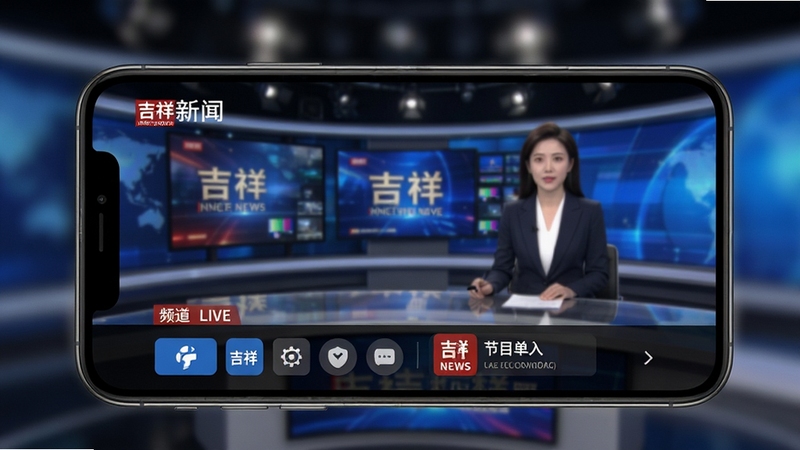 吉祥新闻直播功能界面,手机横屏展示电视直播画面,画面内容为新闻演播室场景,屏幕下方有频道切换按钮与节目单入口,背景虚化处理,突出直播互动感