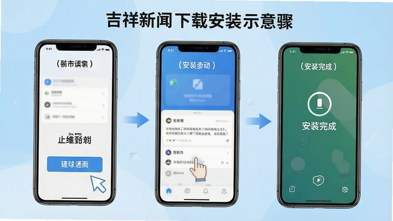 吉祥新闻下载安装步骤示意图,画面展示手机从点击下载按钮到安装完成的三个连续界面,背景为浅蓝色渐变,界面元素清晰标注,整体风格简洁直观