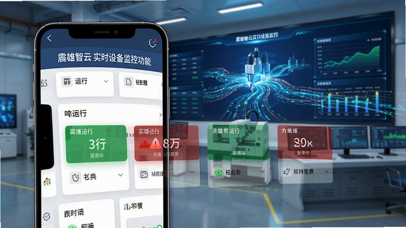 震雄智云实时设备监控功能界面,手机屏幕显示多台注塑机状态卡片,绿色运行、红色报警,背景为工厂中控室大屏,数据流动光效,科技感强烈,画面清晰