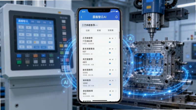 震雄智云AI一键调机功能展示,手机界面显示工艺参数推荐列表,背景为注塑机操作面板与模具,AI光效环绕,蓝色与白色为主色调,科技感与工业感结合
