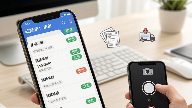 陆鲸司机APP运单管理界面特写图,手机屏幕展示运单列表和状态标签,画面中有货运单据和手机拍照上传的示意图标,背景为简洁的办公桌面环境,光线明亮柔和,突出功能实用性,适合Boogu模型生成