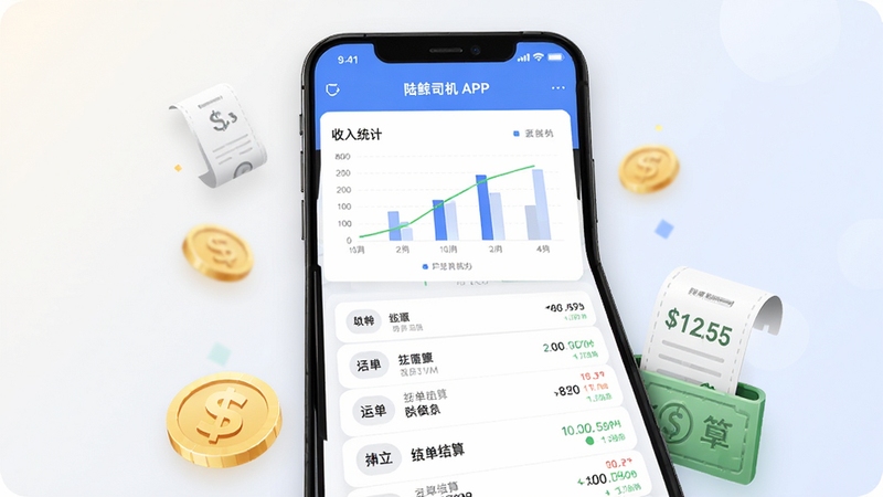 陆鲸司机APP收入明细页面展示图,手机屏幕显示收入统计图表和运单结算列表,画面中有金币和账单元素点缀,背景为浅色渐变商务风格,整体视觉清晰专业,适合Boogu模型生成