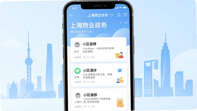 一款名为上海物业政务的手机应用界面展示,画面主体为手机屏幕中央显示着小区报修与公告通知的卡片列表,背景区域为淡蓝色渐变,点缀上海城市剪影与楼宇线条,整体风格简洁明快,适配Boogu模型生成