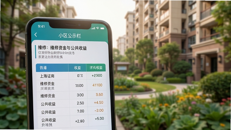 上海物业政务APP内小区公示栏页面特写,画面主体为手机屏幕显示维修资金与公共收益的表格数据,背景区域为虚化的社区花园与住宅楼,光线柔和,突出透明公开的视觉感受