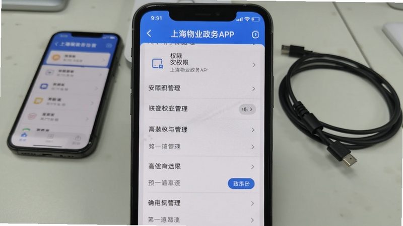 上海物业政务APP在手机上的安装权限设置界面截图,画面主体为手机屏幕显示权限管理列表,背景区域为桌面上的手机与数据线,风格写实清晰