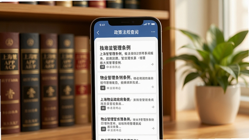 上海物业政务APP政策法规查阅界面,画面主体为手机屏幕展示物业管理条例文章列表,背景区域为书架上排列的法律书籍与绿植,色调温暖,体现知识服务的专业感