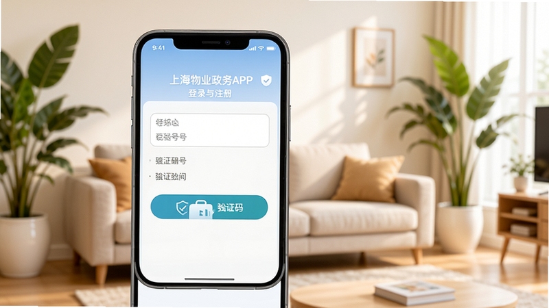上海物业政务APP登录与注册页面示意图,画面主体为手机屏幕显示手机号输入框与验证码按钮,背景区域为明亮的客厅环境与绿植,风格温馨安全