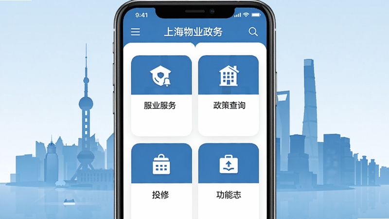 上海物业政务 手机应用主界面 包含物业服务 政策查询 报修 投票功能模块 蓝色政务风格 现代简约 扁平化设计 背景为上海城市天际线剪影 画面清晰 布局规整 适配手机屏幕展示