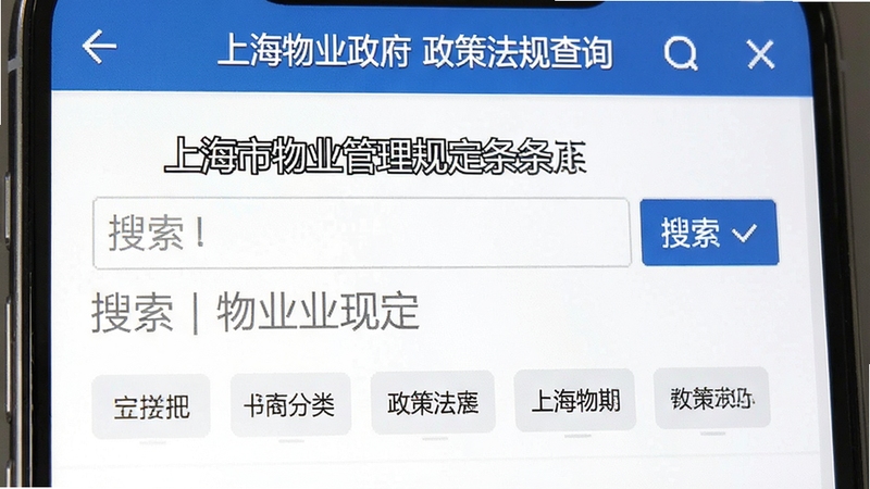 上海物业政务 政策法规查询页面 显示上海市物业管理规定条文 搜索框 分类标签 手机屏幕截图 蓝色标题栏 白色背景 文字清晰 政务风格