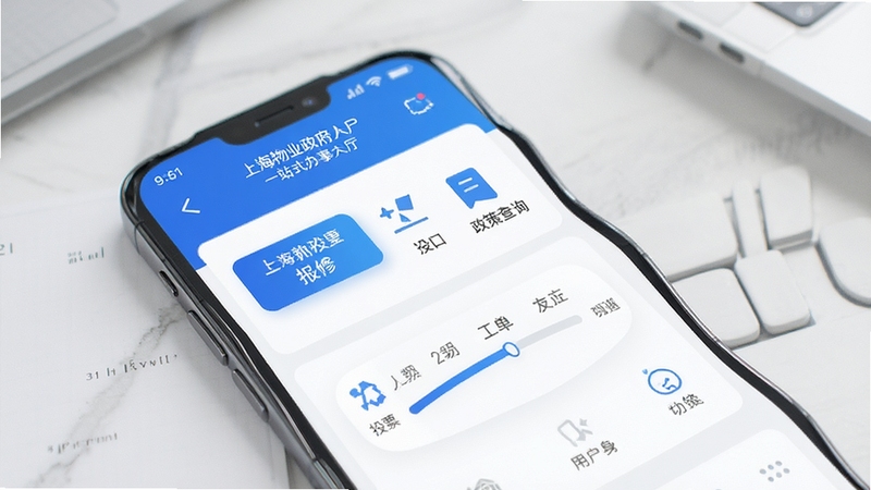 上海物业政务APP 一站式办事大厅界面 包含报修按钮 投票入口 政策查询图标 工单进度条 用户身份切换 界面简洁 蓝白配色 手机样机展示 高清细节