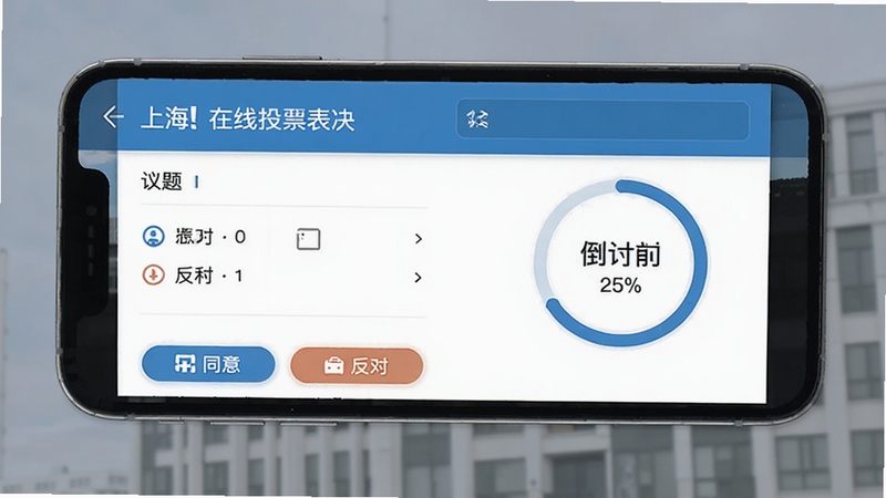 上海物业政务 在线投票表决界面 议题列表 同意反对按钮 倒计时 投票进度环 手机UI 扁平化 蓝色主色调 清晰易读