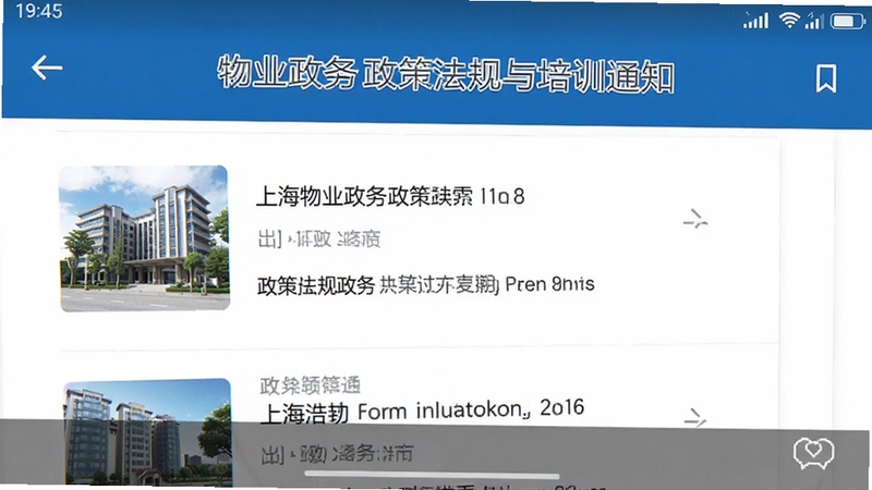 上海物业政务 政策法规与培训通知页面 手机截图 蓝色标题 列表展示 清晰文字