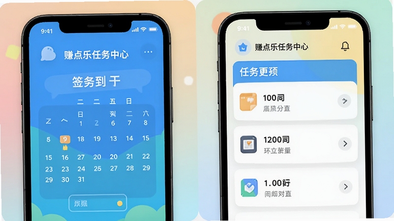 赚点乐任务中心界面,手机屏幕中显示签到日历和任务列表,明亮配色,扁平化UI风格,背景为柔和渐变,细节清晰,适合软件下载站展示
