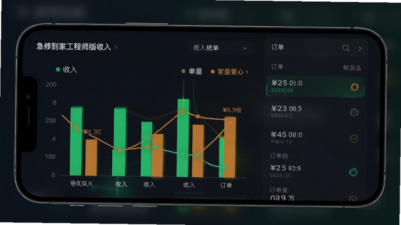 急修到家工程师版收入统计图表界面,手机屏幕展示柱状图与订单列表,背景为深色渐变,图表用亮绿色与橙色区分收入与单量,风格商务简洁