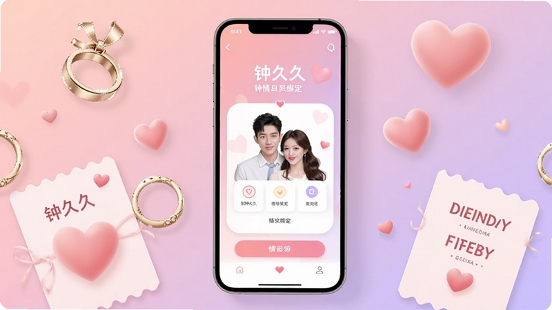 钟久久应用主界面展示,画面中央为一部智能手机,屏幕显示钟久久情侣绑定页面,背景为柔和的粉紫色渐变,周围点缀戒指、爱心与纪念日卡片元素,整体风格温馨浪漫,适配Boogu模型生成,分辨率1080x1920