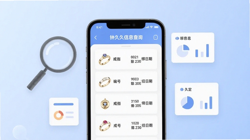 钟久久信息查询页面,画面主体为手机屏幕显示查询结果列表,包含戒指编号与绑定日期,背景为淡蓝色渐变,周围有放大镜与数据卡片元素,整体清爽简洁,适配Boogu模型生成
