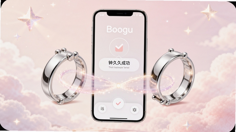 钟久久情侣戒指绑定功能界面,画面展示两枚银色戒指通过光带连接,中间悬浮手机屏幕显示绑定成功提示,背景为浅粉色云朵与星光,风格柔和精致,适用于Boogu模型生成