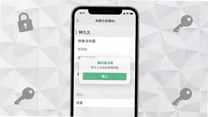 钟久久绑定关系管理界面,画面展示手机屏幕中的设置菜单与确认弹窗,背景为浅灰色几何纹理,点缀锁与钥匙图标,风格简约理性,适配Boogu模型生成