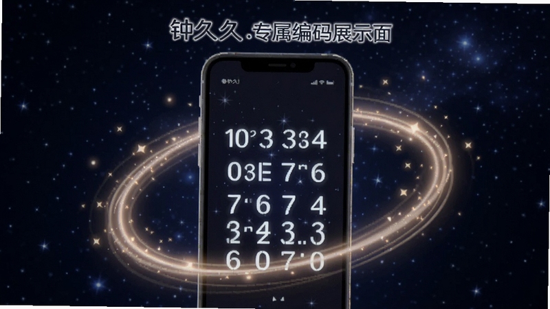 钟久久专属编码展示页面,画面主体为手机屏幕显示一组数字编码,周围环绕光环与星点,背景为深蓝色星空,风格科技感与浪漫感结合,适用于Boogu模型生成