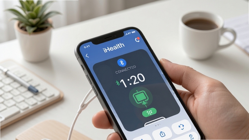 共同照护APP连接iHealth血糖仪自动同步数据的手机界面特写,屏幕显示蓝牙已连接和血糖数值上传动画,背景为简洁的居家桌面