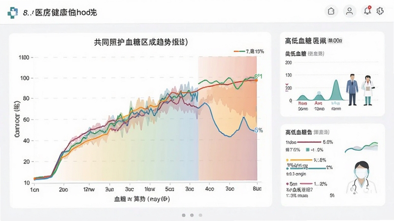 共同照护生成的彩色血糖趋势折线图与统计报告页面,图表清晰展示高低血糖区间,界面设计专业简洁,适合医疗健康场景