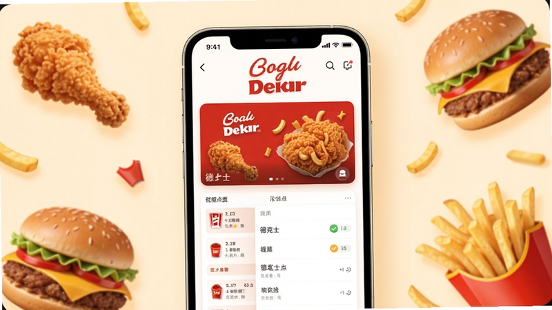 德克士官方应用主界面预览图,画面中央展示手机屏幕内德克士点餐首页,背景为浅暖色调,周边点缀炸鸡、汉堡、薯条等食物元素,整体风格简洁明快,适配Boogu模型生成