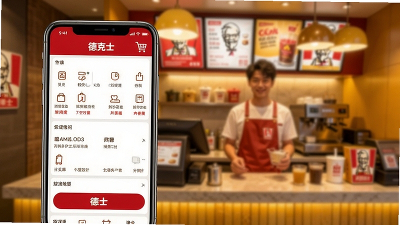 德克士在线点餐界面展示图,画面主体为手机屏幕内的菜单列表和购物车图标,背景为德克士门店柜台场景,暖黄色灯光,突出方便快捷的点餐氛围