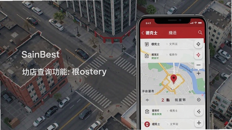 德克士门店查询功能展示图,手机屏幕显示附近门店列表和地图标记,背景为城市街区俯瞰图,风格简洁实用