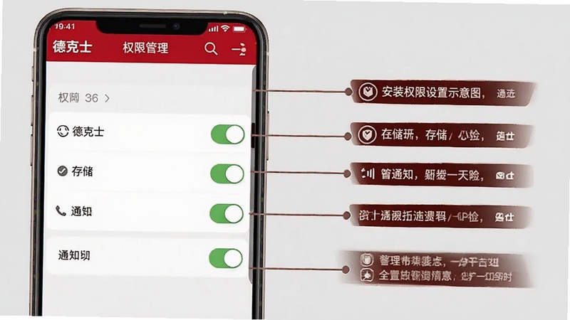 德克士应用安装权限设置示意图,画面展示手机屏幕中的权限管理页面,背景为浅灰色,标注位置、存储、通知等权限开关,风格清晰直观