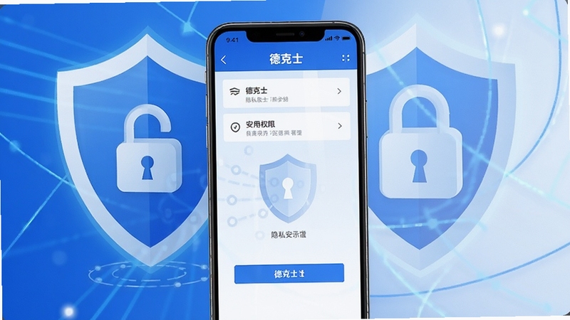 德克士应用安全使用示意图,画面展示手机屏幕中的隐私权限管理界面,背景为盾牌和锁形图标,色调以蓝色和白色为主,突出安全防护概念