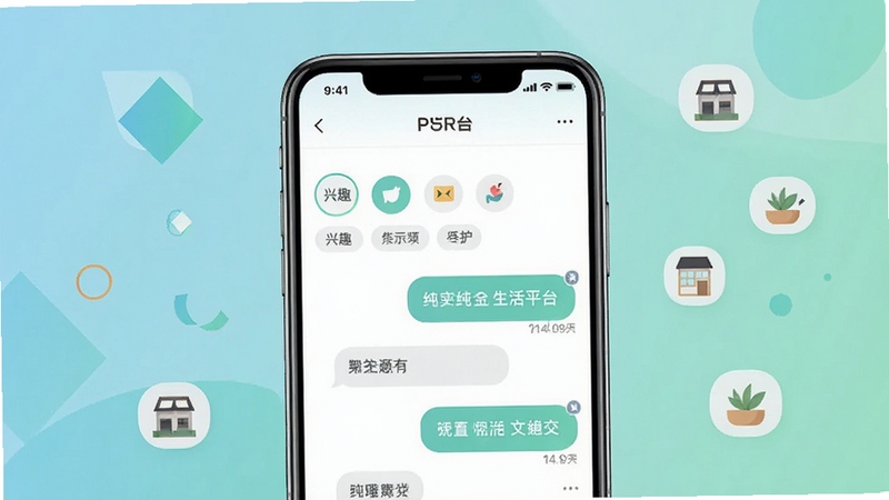 PURE 生活平台纯净社交界面展示,画面中央为手机屏幕特写,屏幕内显示兴趣标签匹配列表与聊天气泡,背景为柔和蓝绿色渐变,周围点缀抽象几何图形与生活场景小图标,整体风格清新简约,突出真实社交氛围