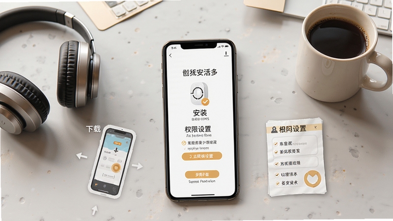 PURE 生活平台新手安装步骤示意图,画面以手机屏幕截图形式展示下载、安装、权限设置三个步骤,背景为浅灰色工作台面,旁边放置耳机与咖啡杯,整体色调温暖明亮,突出教程的易用性