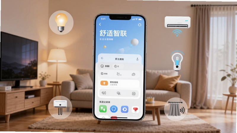 一款名为舒适智联的手机应用界面展示在画面中央,背景是温馨的现代客厅环境,有智能灯泡、空调和窗帘等设备图标环绕,整体色调柔和明亮,突出科技与生活融合的氛围,适配Boogu模型生成