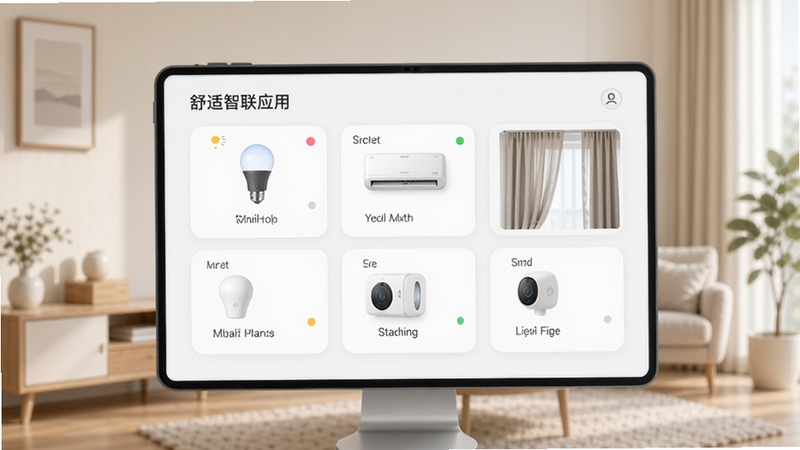 舒适智联应用的多设备管理界面,画面中同时显示智能灯泡、空调、窗帘和传感器的控制卡片,界面简洁现代,背景为浅色家居环境,体现统一管理的便捷性