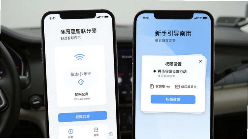 舒适智联应用在新手引导界面的手机截图,画面显示配网步骤和权限设置提示,背景为简洁的白色与浅蓝色调,突出操作指引的清晰性
