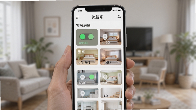 岚智家APP界面中展示多个房间的设备卡片列表,客厅、卧室、厨房分区明确,每张卡片显示开关状态与数值,手机屏幕清晰,背景虚化,适配Boogu模型生成