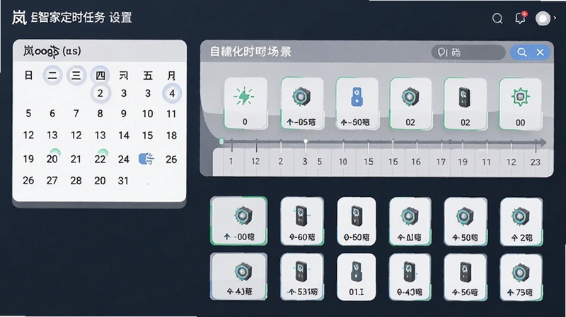 岚智家定时任务设置页面,日历与时间轴结合展示,设备图标排列整齐,界面配色清爽,突出自动化场景的便捷感,适配Boogu模型生成