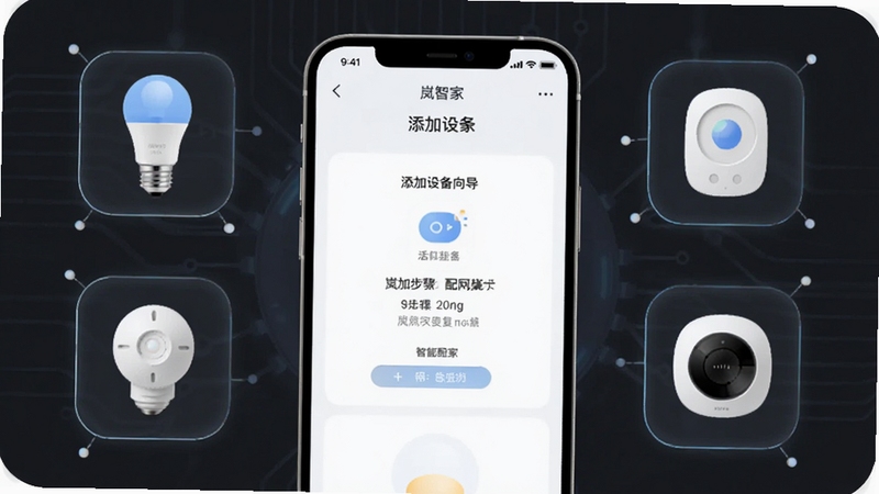 手机屏幕上显示岚智家添加设备向导页面,周围环绕智能灯泡、传感器等硬件图标,画面简洁科技感,突出配网步骤提示,适配Boogu模型生成