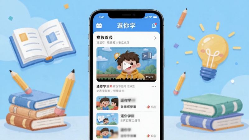 逗你学软件主界面展示,画面中央为手机屏幕样机,屏幕内显示逗你学APP首页推荐视频列表,背景为浅蓝色渐变学习场景插画,包含书本、铅笔、灯泡等元素,整体风格清新活泼,适配Boogu模型生成