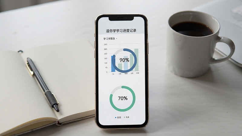 逗你学学习进度记录页面,手机屏幕显示学习报告图表,包含柱状图和环形进度条,背景为简约书桌场景,有笔记本和咖啡杯,整体氛围安静专注
