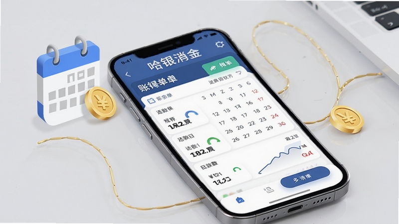 哈银消金账单管理界面手机截图风格展示,画面中手机屏幕显示账单列表与还款日历,旁边有日历图标和金币元素点缀,背景为浅灰色调,简约商务风格,强调财务管理与规划