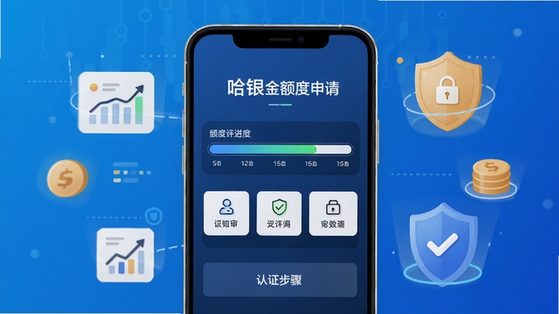 哈银消金额度申请页面手机界面展示,画面中手机屏幕显示额度评估进度条与认证步骤,周围环绕数据图标与盾牌安全元素,背景为科技蓝渐变风格,扁平化插画设计,体现快速审核与数据安全概念