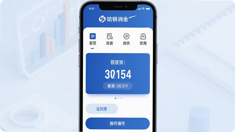 哈银消金移动端应用主界面展示,画面中央为手机屏幕呈现应用首页布局,上方为品牌标识与功能入口,中部为额度展示区域,下方为操作按钮,背景为浅色渐变商务风格,整体色调以蓝色和白色为主,扁平化设计风格,高清渲染