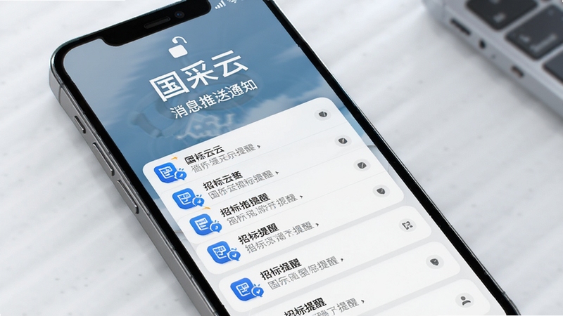 国采云 消息推送通知界面 手机锁屏展示 多条招标提醒 蓝色图标 白色背景 商务风格 高清渲染