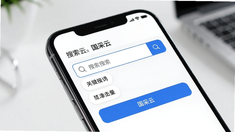 国采云 移动端搜索界面 手机屏幕 搜索框 关键词联想 蓝色按钮 白色背景 简洁现代风格 高清细节
