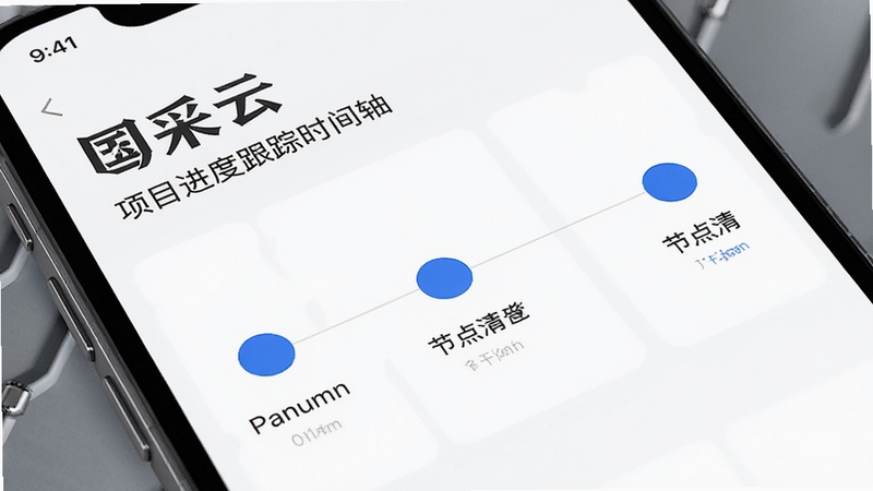 国采云 项目进度跟踪时间轴 手机界面 节点清晰 蓝色圆点 白色背景 商务简约风格 高清渲染