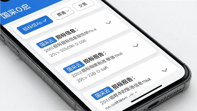 国采云 招标信息聚合界面 手机屏幕展示 多条招标公告列表 分类筛选按钮 蓝色标签 白色卡片 简洁商务风格 高清细节