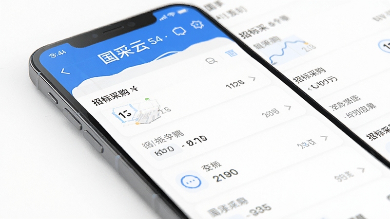 国采云 手机应用界面展示 招标采购信息列表 蓝色主色调 现代商务风格 手机屏幕居中 白色背景 简洁大气 高清渲染
