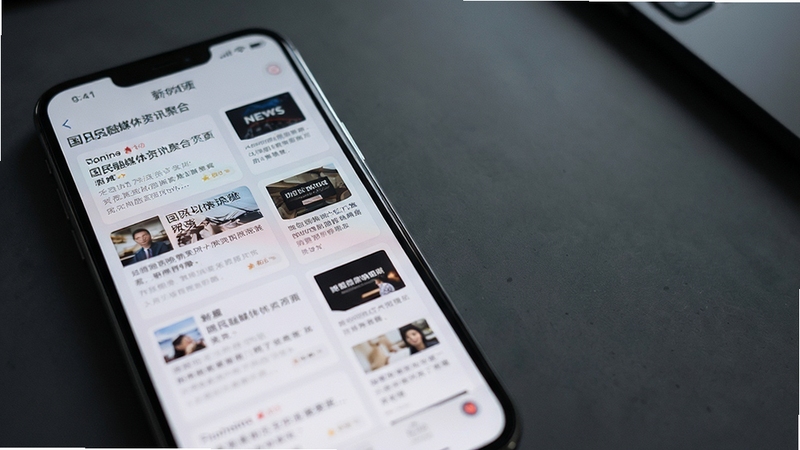 国民融媒体资讯聚合页面特写,画面主体为手机屏幕中排列整齐的新闻卡片列表,背景区域为深灰色磨砂质感桌面,光线柔和,突出内容阅读的沉浸感